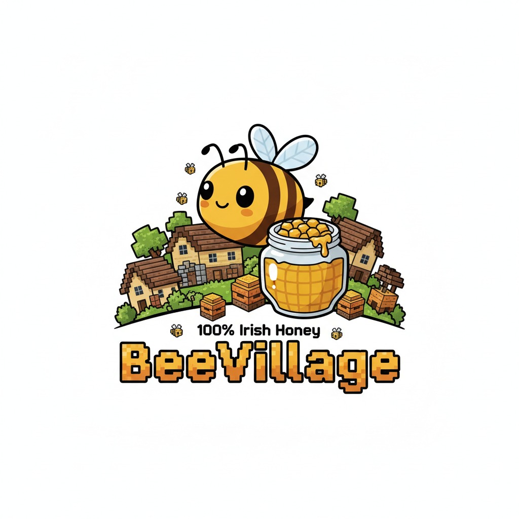 Kolorowe logo przedstawiające dużą pszczołę nad wioską z domkami w stylu Minecraft, słój miodu i napis „BeeVillage”.