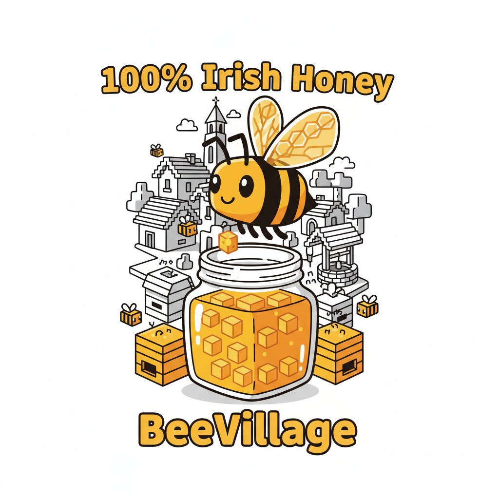 Ilustracja przedstawia słoik pełen miodu z napisem „100% Irish Honey” na górze i „BeeVillage” na dole, w otoczeniu rysunkowego miasteczka i pszczoły.