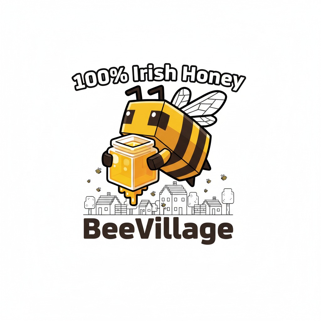 Logo zilustrowane w stylu kreskówkowym przedstawia kanciastą pszczołę trzymającą słoik miodu, nad napisem „100% Irish Honey” i pod napisem „BeeVillage”.
